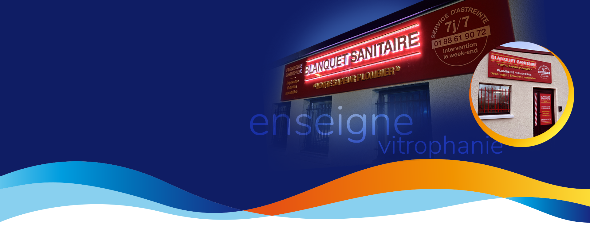 blanquet sanitaire, enseigne vitrophanie